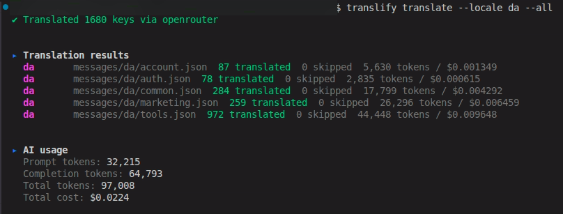 Translify translating 1,680 keys to Danish with per-file token and cost totals
