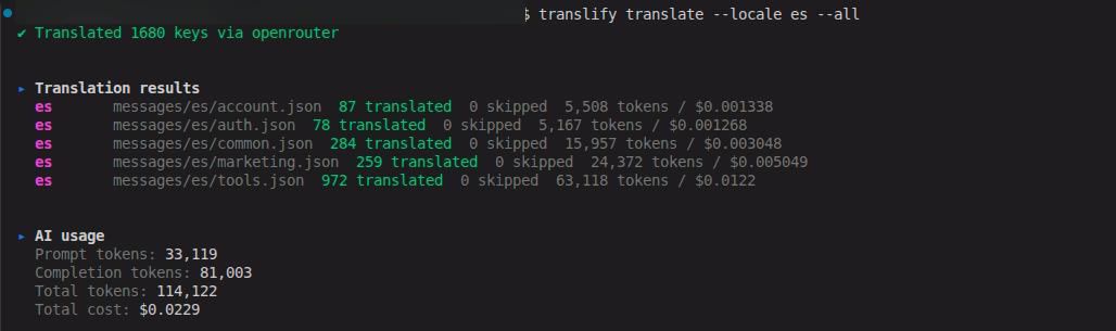 Translify translating 1,680 keys to Spanish with per-file token and cost totals